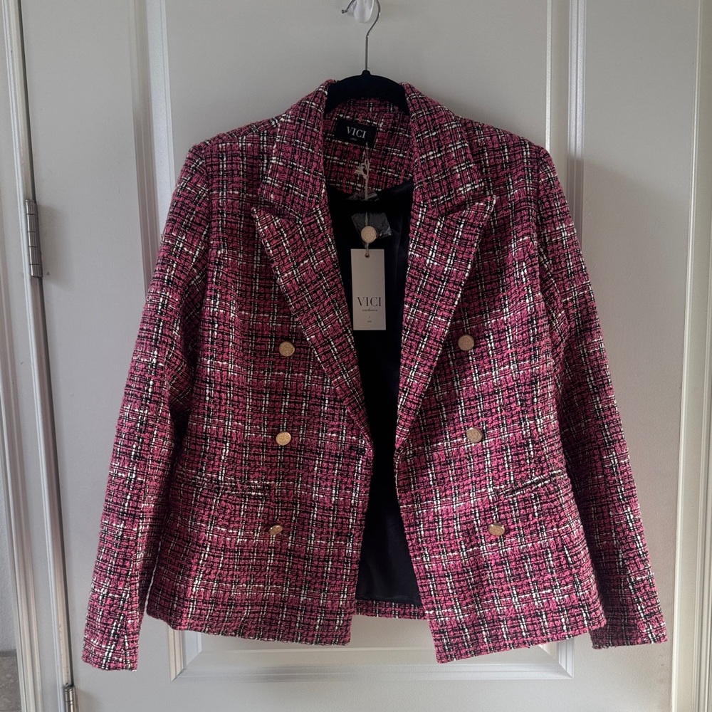 VICI Pink & Black Tweed Double-Breasted Blazer